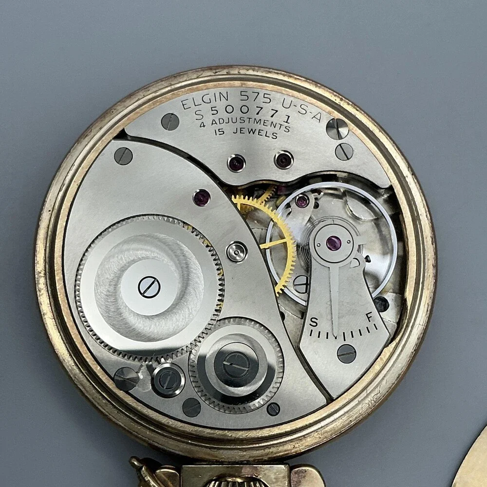 Vintage Elgin 575 Pocket Watch Men 49mm 10K RGP Montgomery Dial 15J Chain
